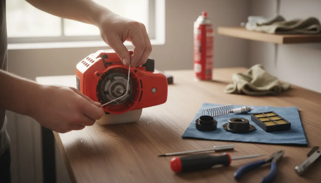 Hænder skifter ny træksnor på starteren af en benzindrevet hækkeklipper på et værkstedsbord.