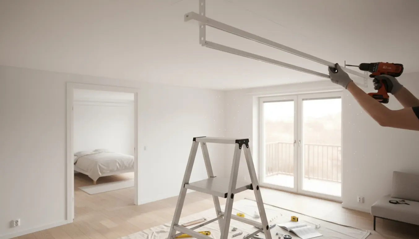Montage af hvide gardinskinner i loftet i et lyst skandinavisk hjem med værktøj og en stige.