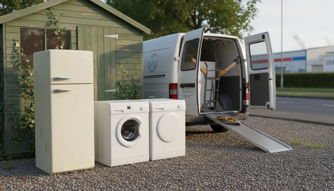 En varevogn foran et skur med et højt køleskab, en vaskemaskine og en fryser klar til afhentning.