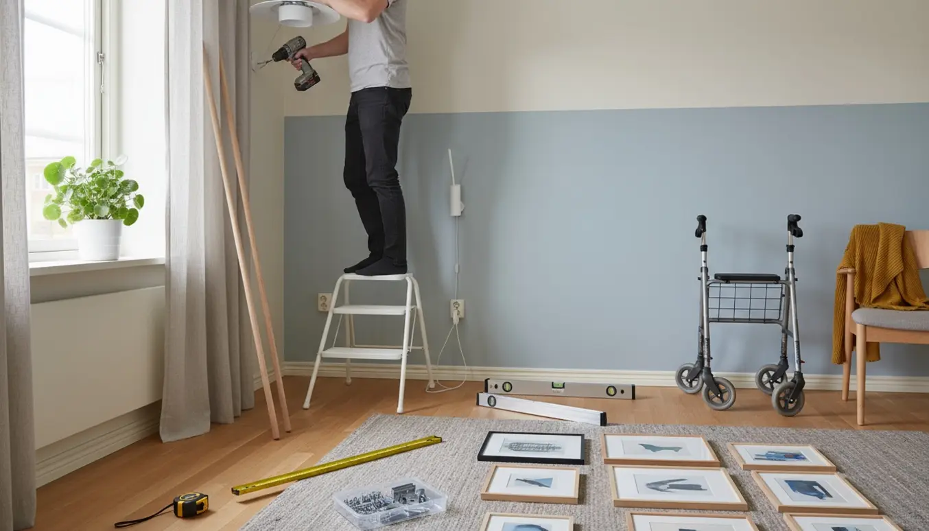 Hænder monterer loftslampe og gardinstænger i et hyggeligt plejeboligværelse med værktøj på gulvet.