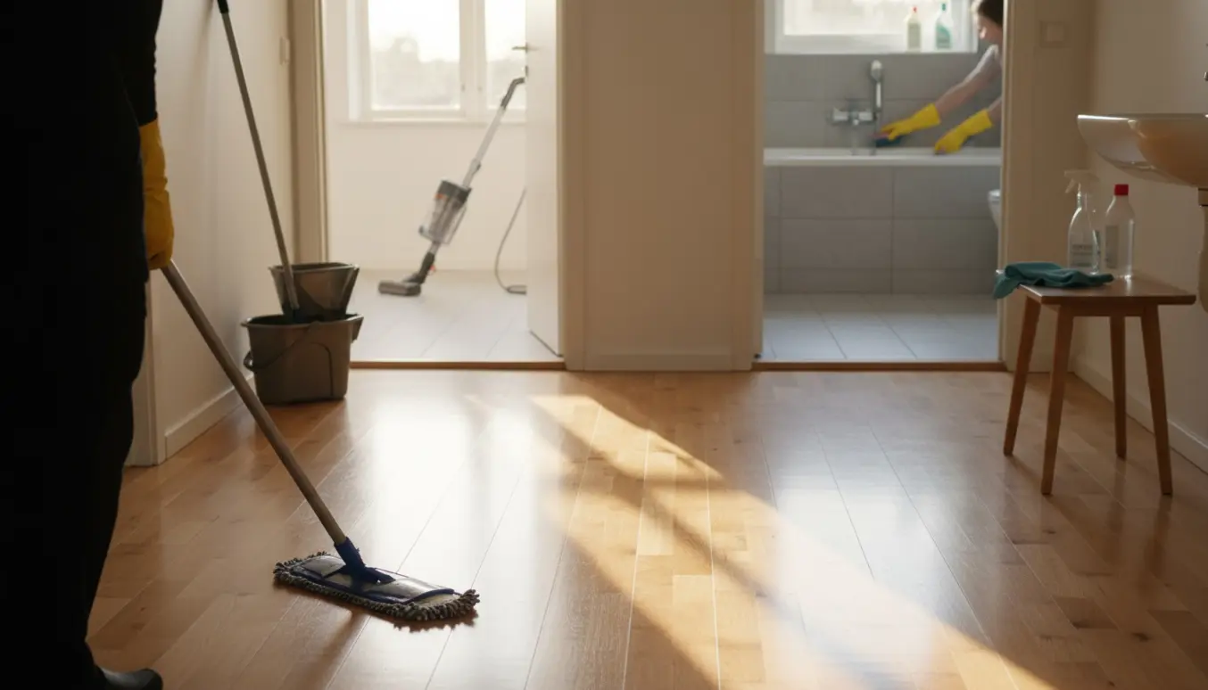 Person mopper lakeret trægulv i et soloplyst rækkehus med støvsuger og rengøringsredskaber og et badeværelse med klinker i baggrunden.