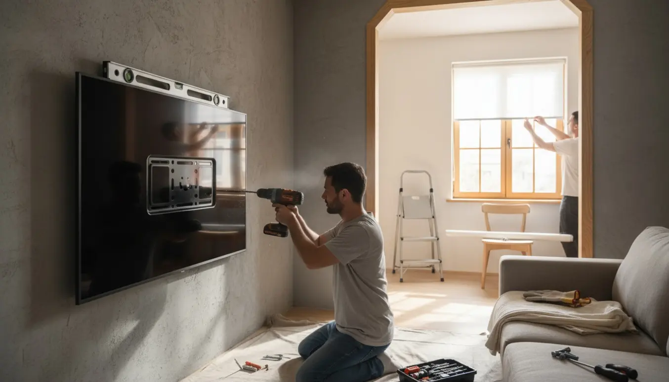 Håndværker monterer et 60 tommer TV på en murvæg, mens et rullegardin installeres i en træramme.