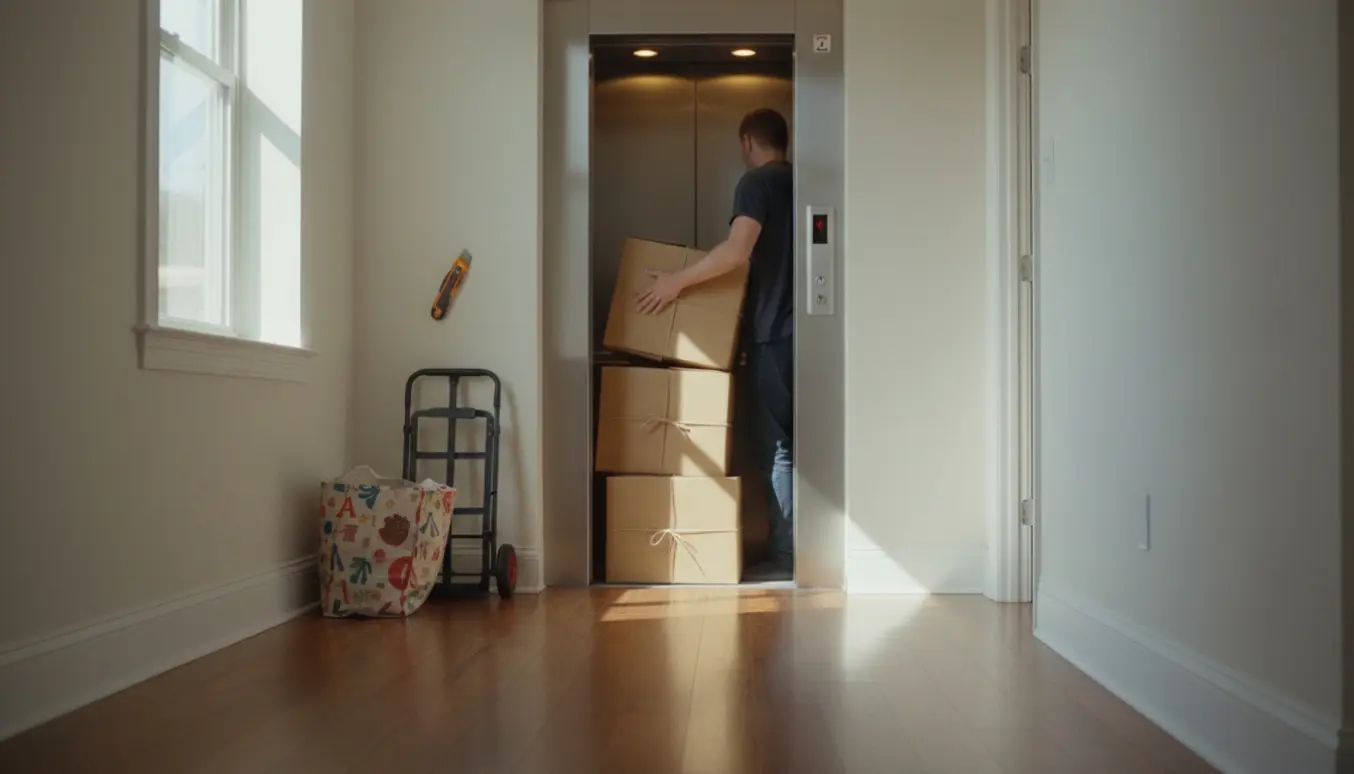 En person læsser sammenklappede papkasser ind i en lille lejlighedselevator.