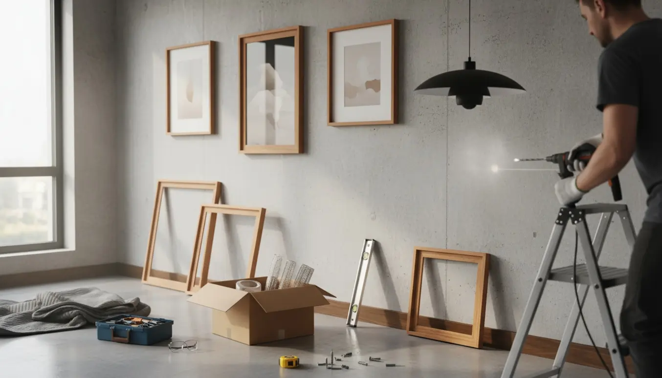 En håndværker monterer billeder og en lampe på en rå betonvæg med boremaskine og værktøj spredt på gulvet.