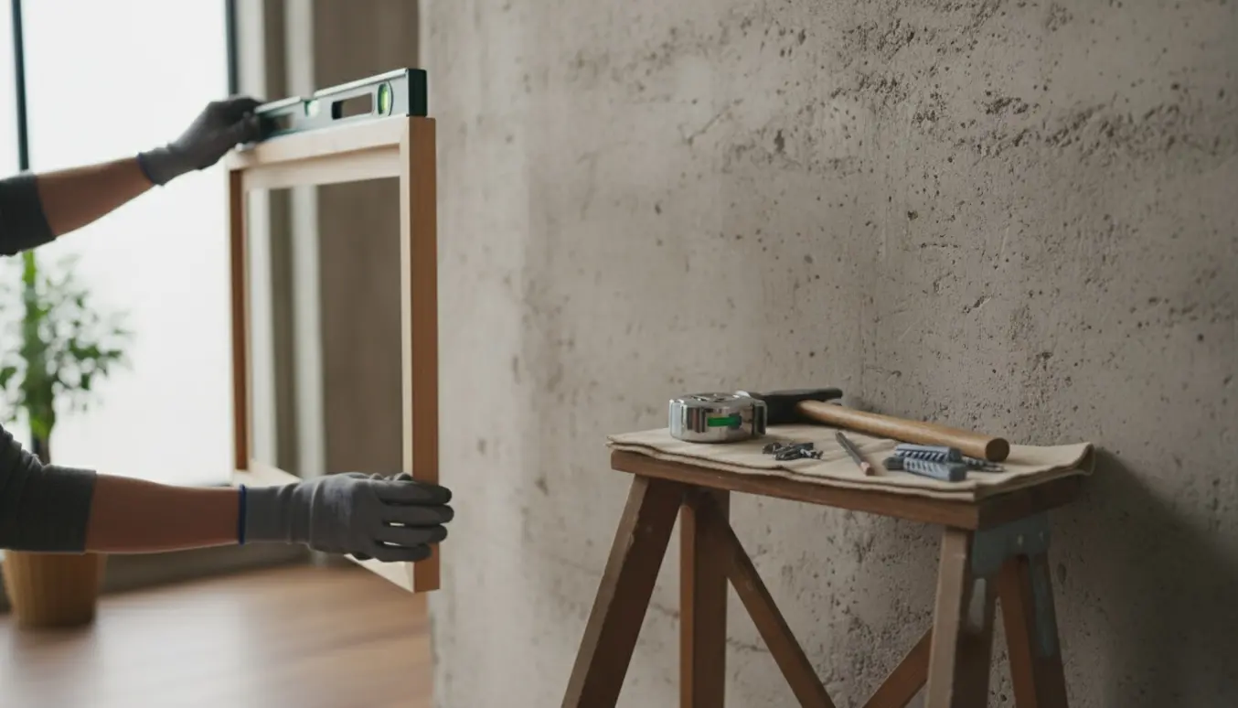 Et par handsker holder et stort indrammet foto op mod en ru betonvæg med vaterpas, hammer og rawlplugs på et arbejdsbord.