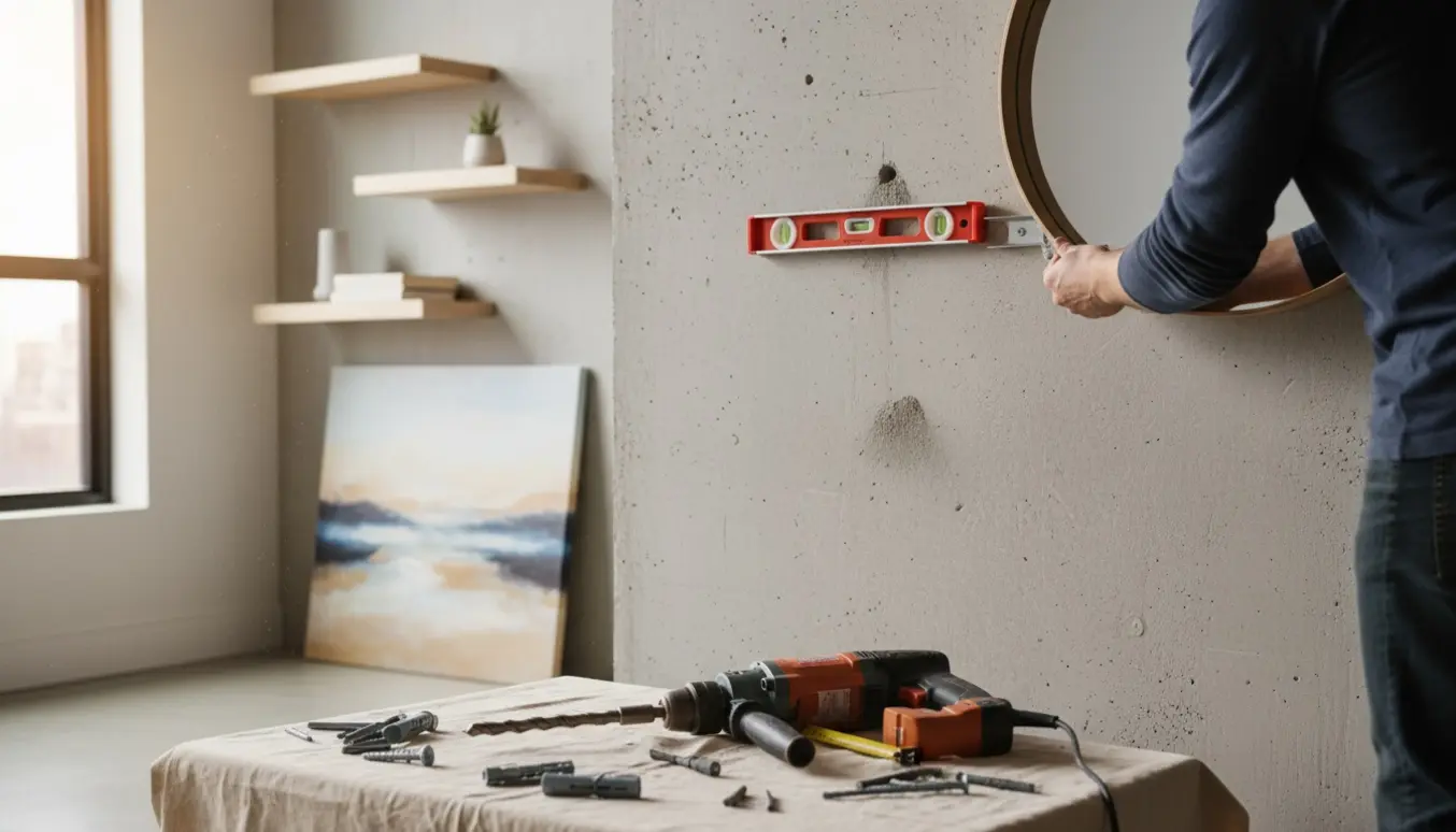 Hænder monterer et spejl og hylder på en rå betonvæg med borehammer og værktøj i forgrunden.