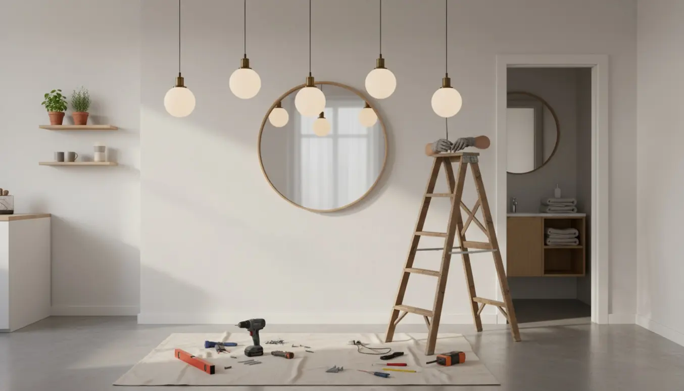 Lyst hjem med fem opsatte loftslamper, et stort spejl, et lille badeværelsesskab og to små køkkenhylder med værktøj i forgrunden.