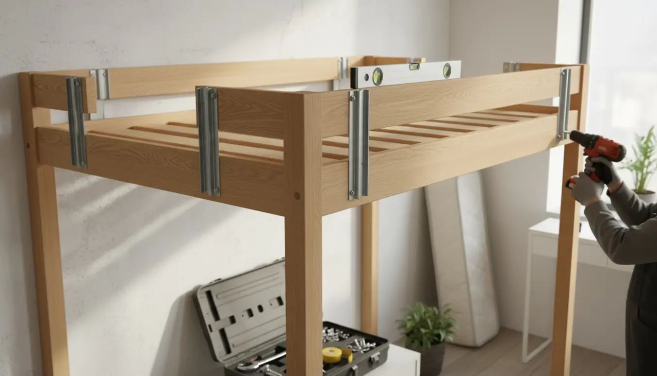 Delvist monteret høj loftsseng fastgjort til en bærende lejlighedsvæg med værktøj og håndværker uden synligt ansigt.