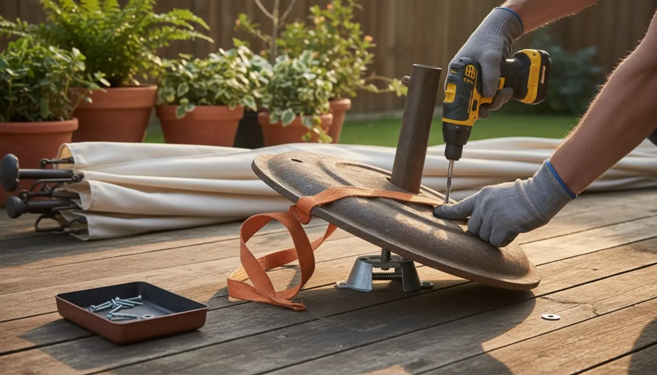 Hænder stabiliserer en tung parasolfod med stropper og et støtteben, mens en skruemaskine ligger klar på en træterrasse.