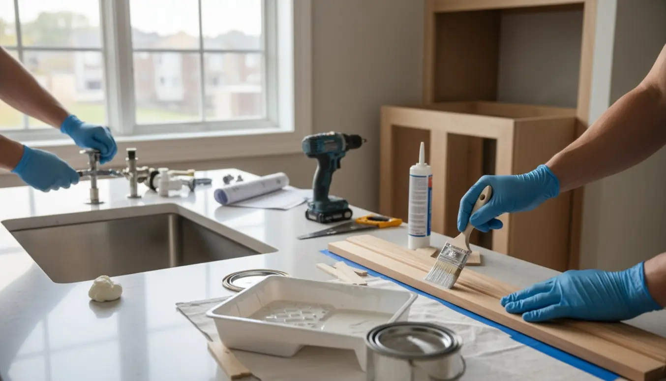 Hænder maler et indvendigt vindue i en lejlighed med delvist monteret indbygget skab og værktøj til udskiftning af bundprop.