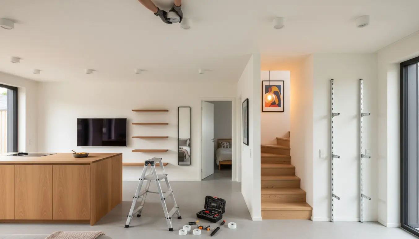 Hænder monterer en rund loftspot i en moderne stue med synlige spots, hylder og trappe til kælderen.