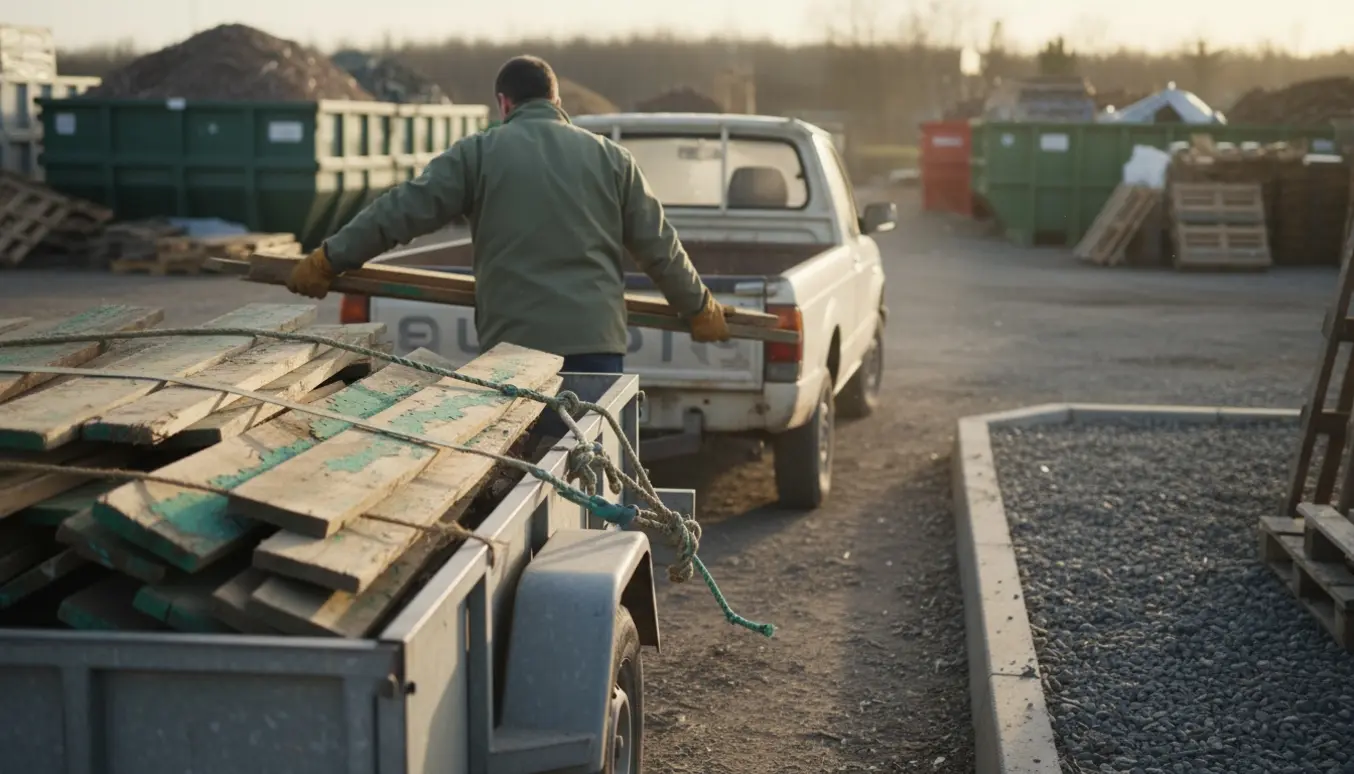 Trailer fyldt med brædder ved en genbrugsplads, en person læsser med ryggen til.