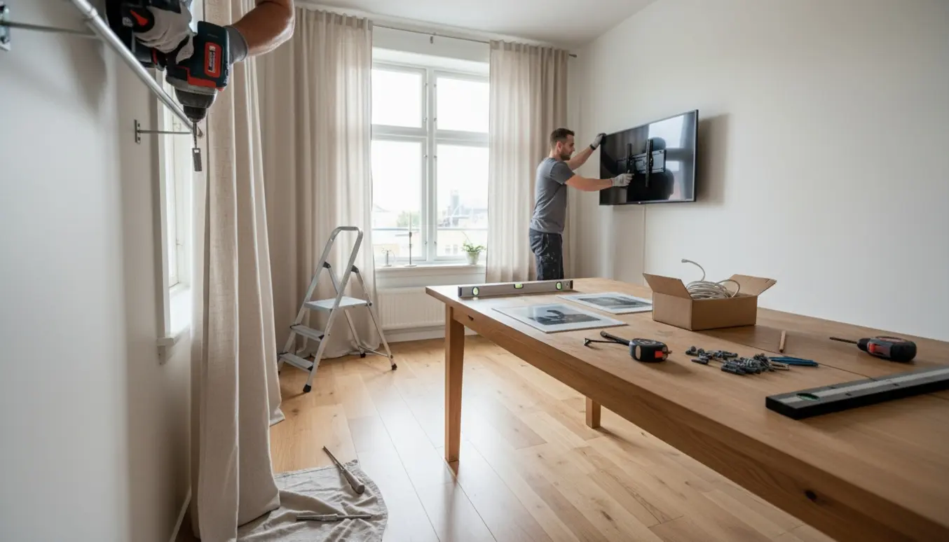 Montering af gardiner og vægbeslag til TV i en lys, skandinavisk lejlighed med værktøj på bordet.