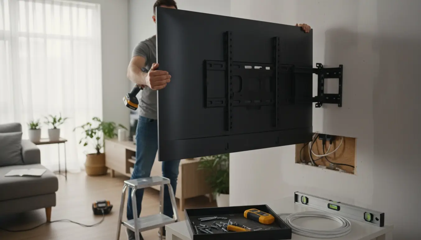 To personer hænger et 55 tommer fladskærms-tv op på væggen i et lyst, ryddeligt opholdsrum med værktøj og kabelkanal ved hånden.