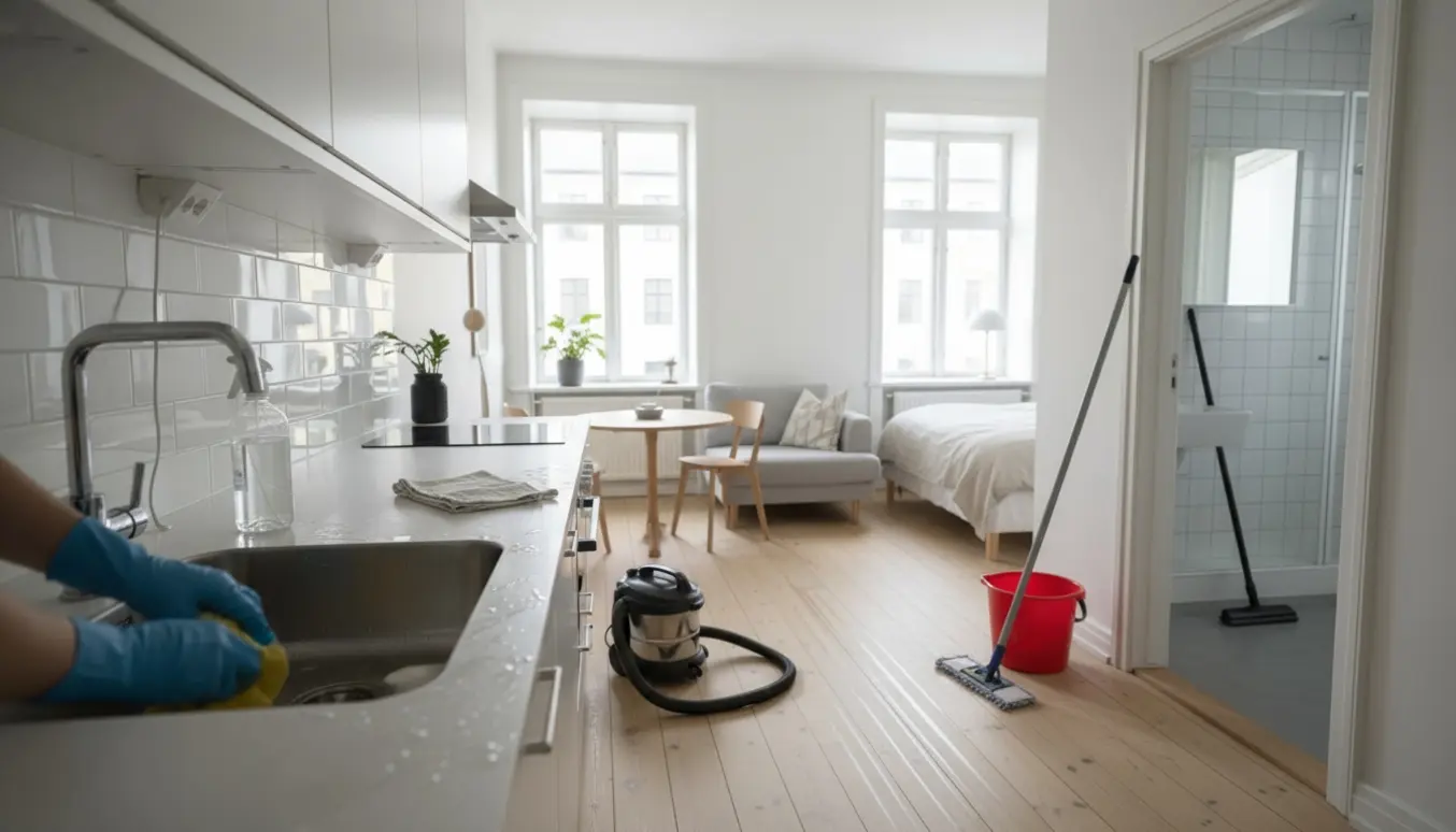 Lys, 50 m² københavnsk lejlighed i skandinavisk stil under grundig rengøring med moppe, klud og støvsuger.