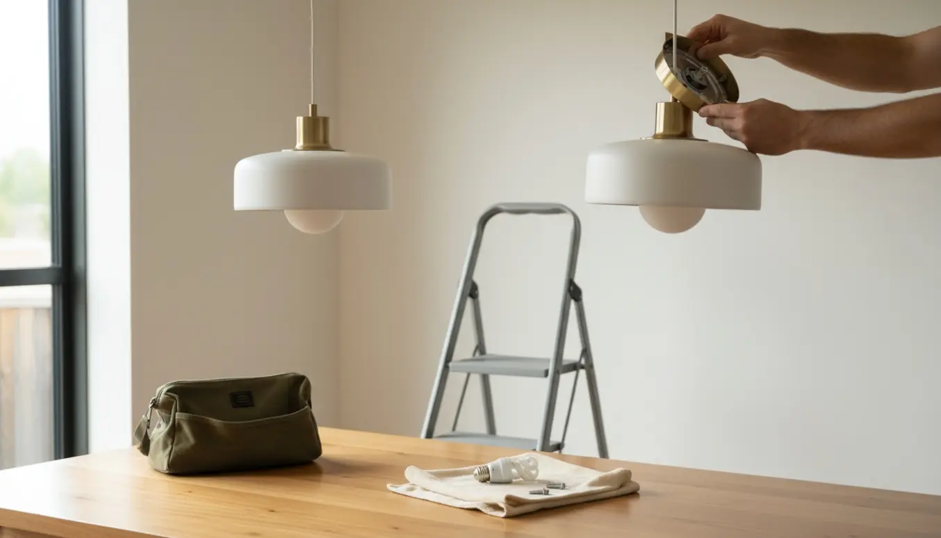 Hænder justerer en skæv pendellampe i en moderne stue, mens en anden lampe hænger lige.