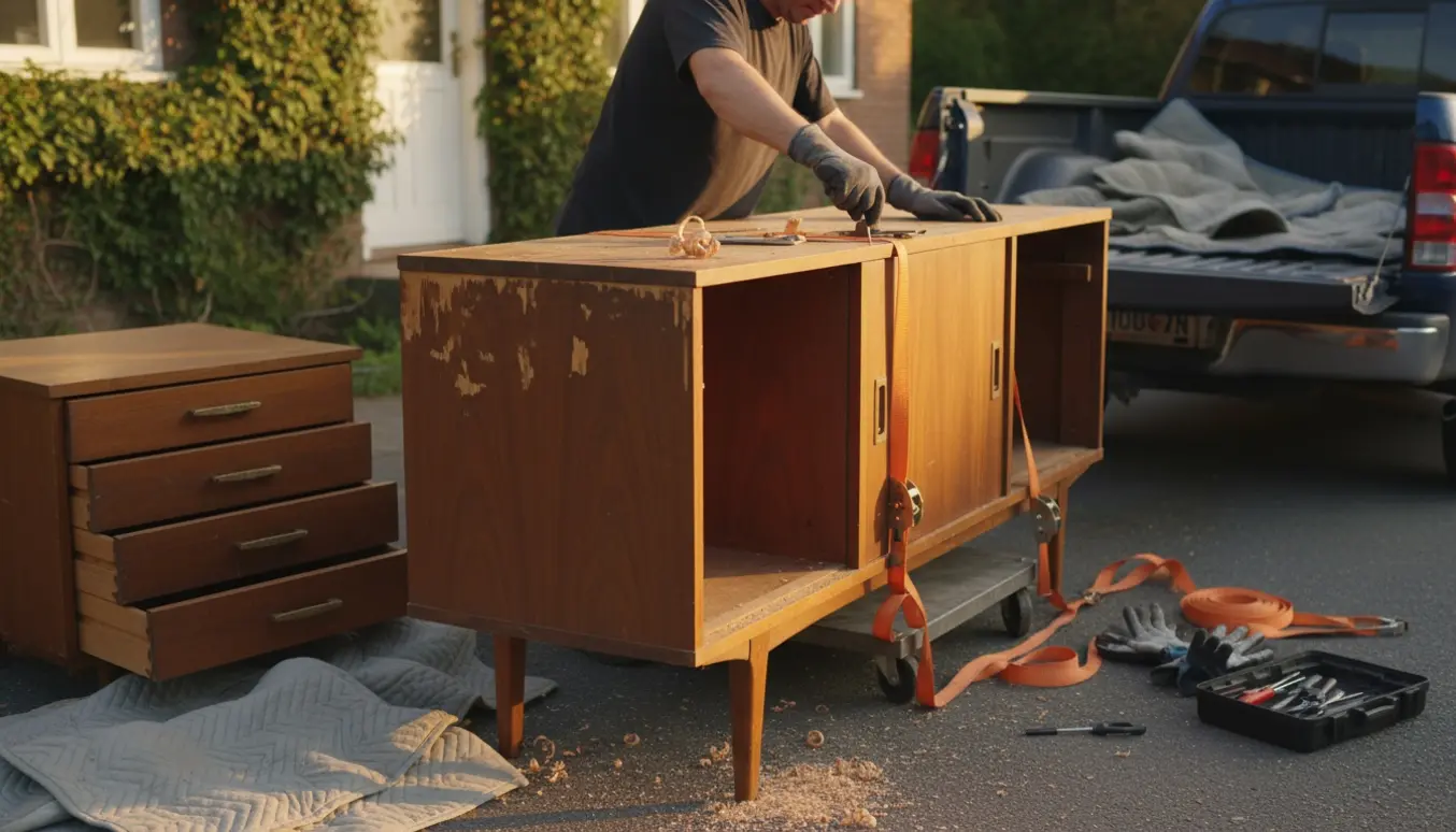 Delvist adskilt gammel træs skænk på en flyttevogn med handsker og værktøj klar til skrot eller genbrug.