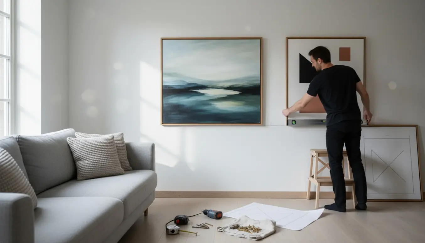 To store malerier hænges op i en lys stue med målebånd, vaterpas og værktøj på gulvet.