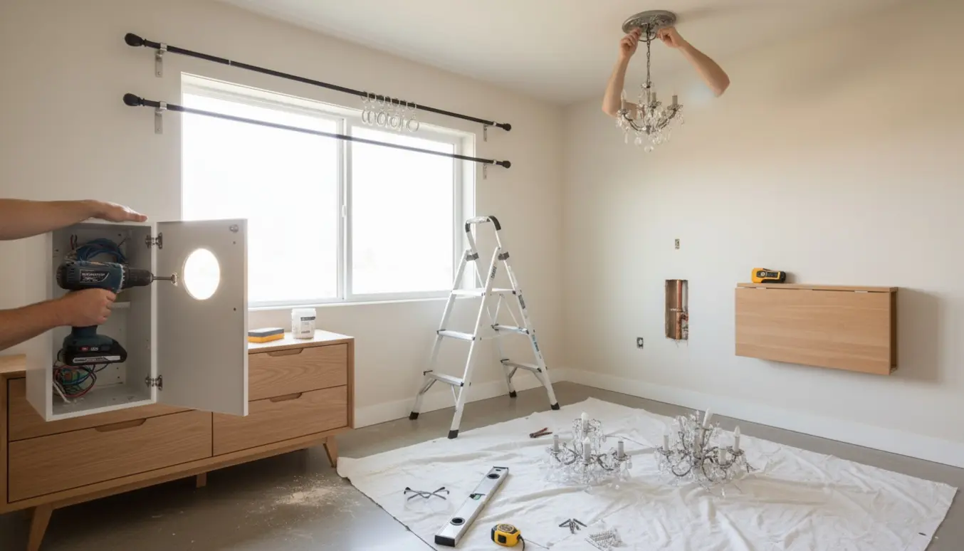 Værktøj og hænder i et soveværelse, mens gardinstænger, klapbord og lysekroner monteres, og huller bores og fyldes.