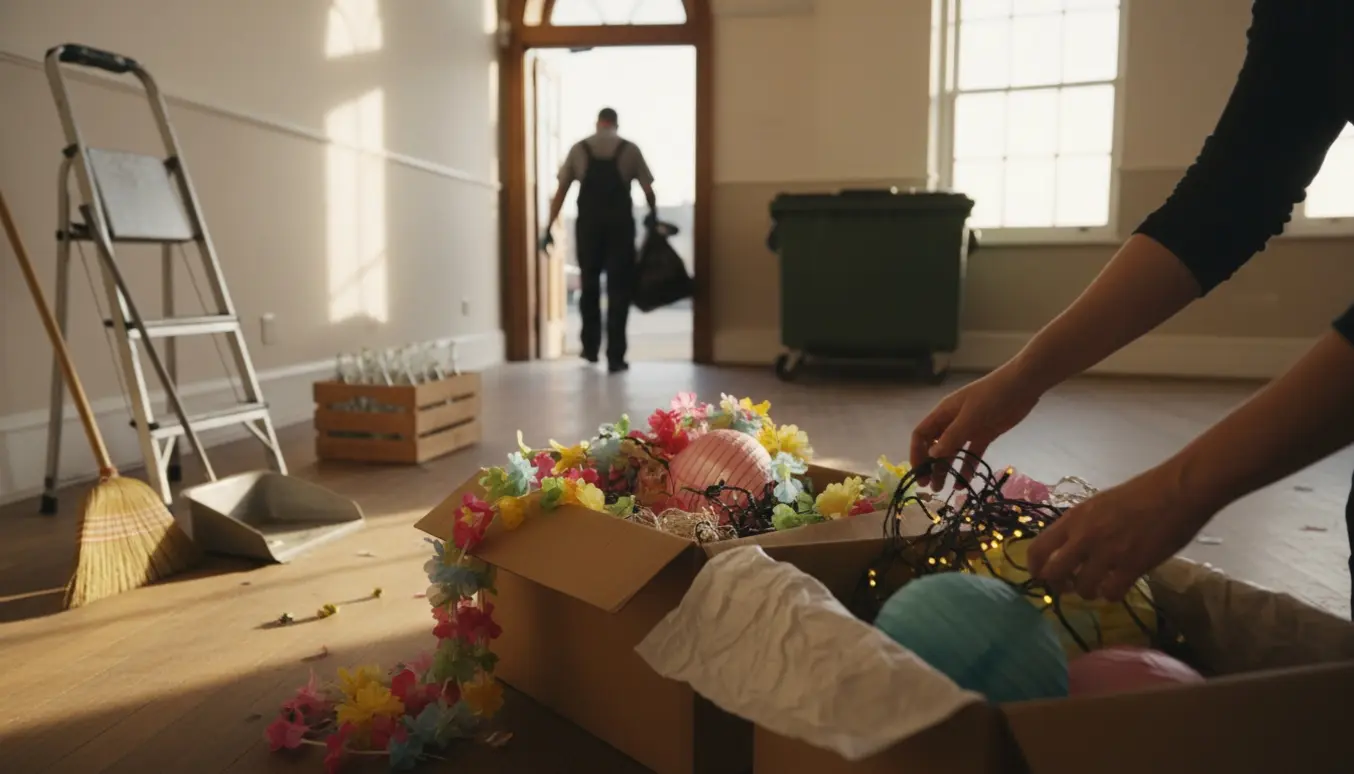 Tidlig morgenoprydning: hænder pakker pynt i kasser i et lokale med en stige og skraldsække på vej mod en container udenfor.