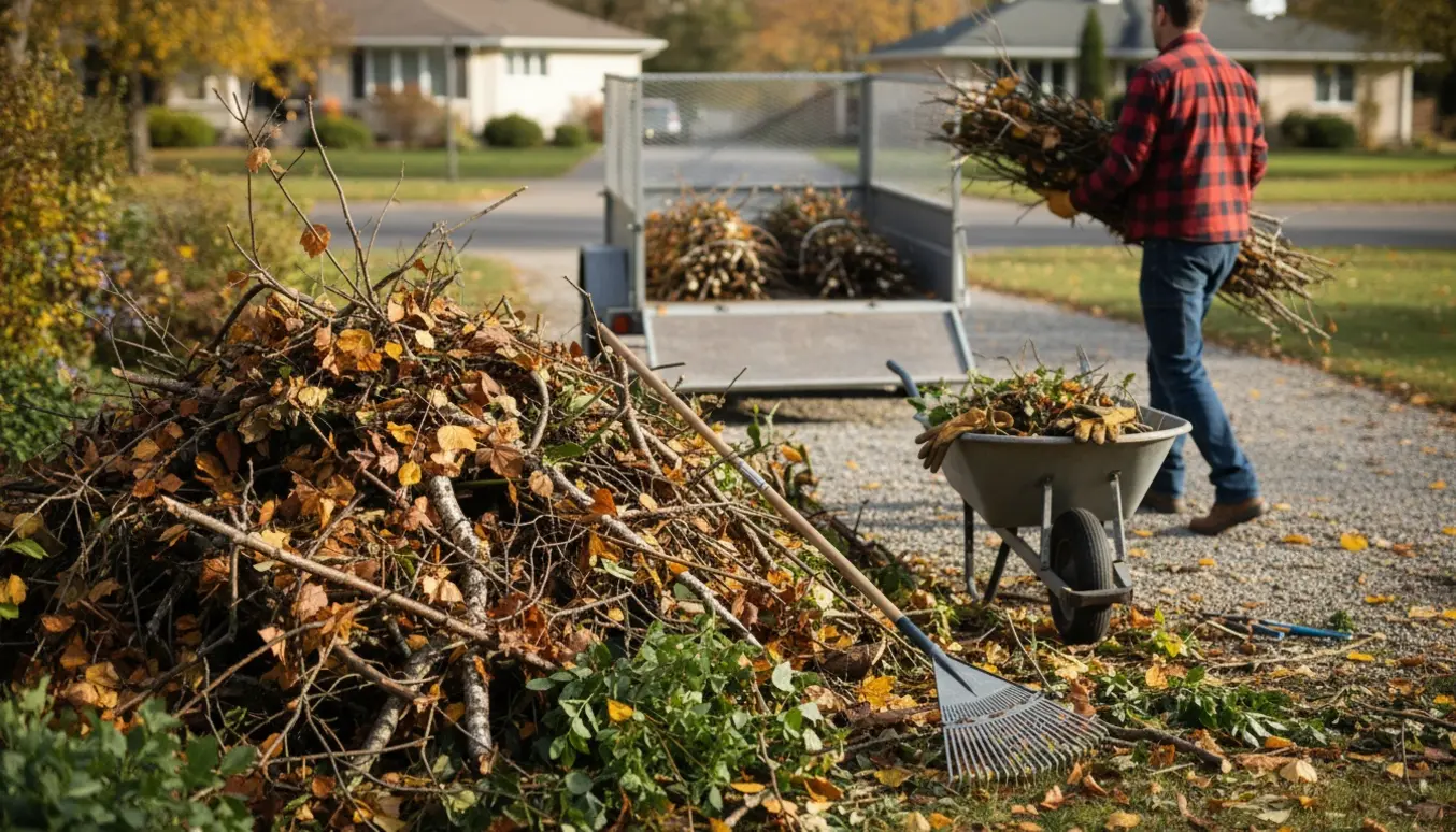 Bunke grene og haveaffald i forhaven med en åben trailer parkeret i baggrunden og en person set bagfra bærende grene mod traileren.
