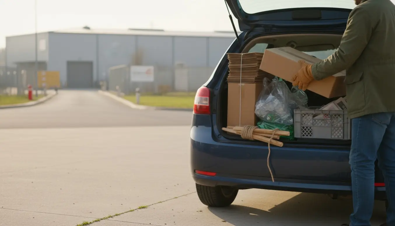 Åben bilbagagerum med sorteret affald og genbrugsposer klar til aflevering på genbrugspladsen.