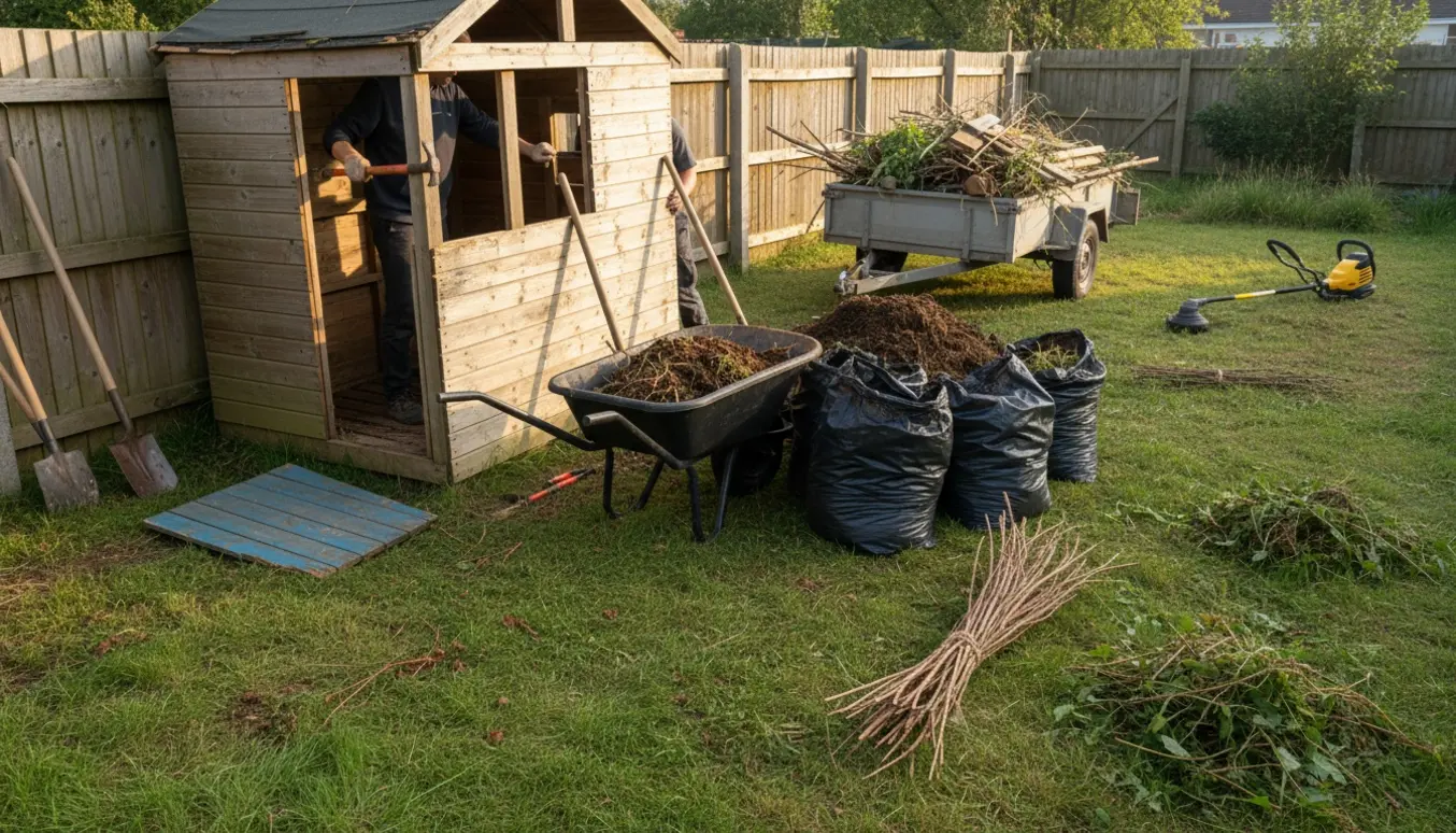 Rydning af baghave med nedtaget legehus, kompostbunke, højt græs og affald klar til bortkørsel.
