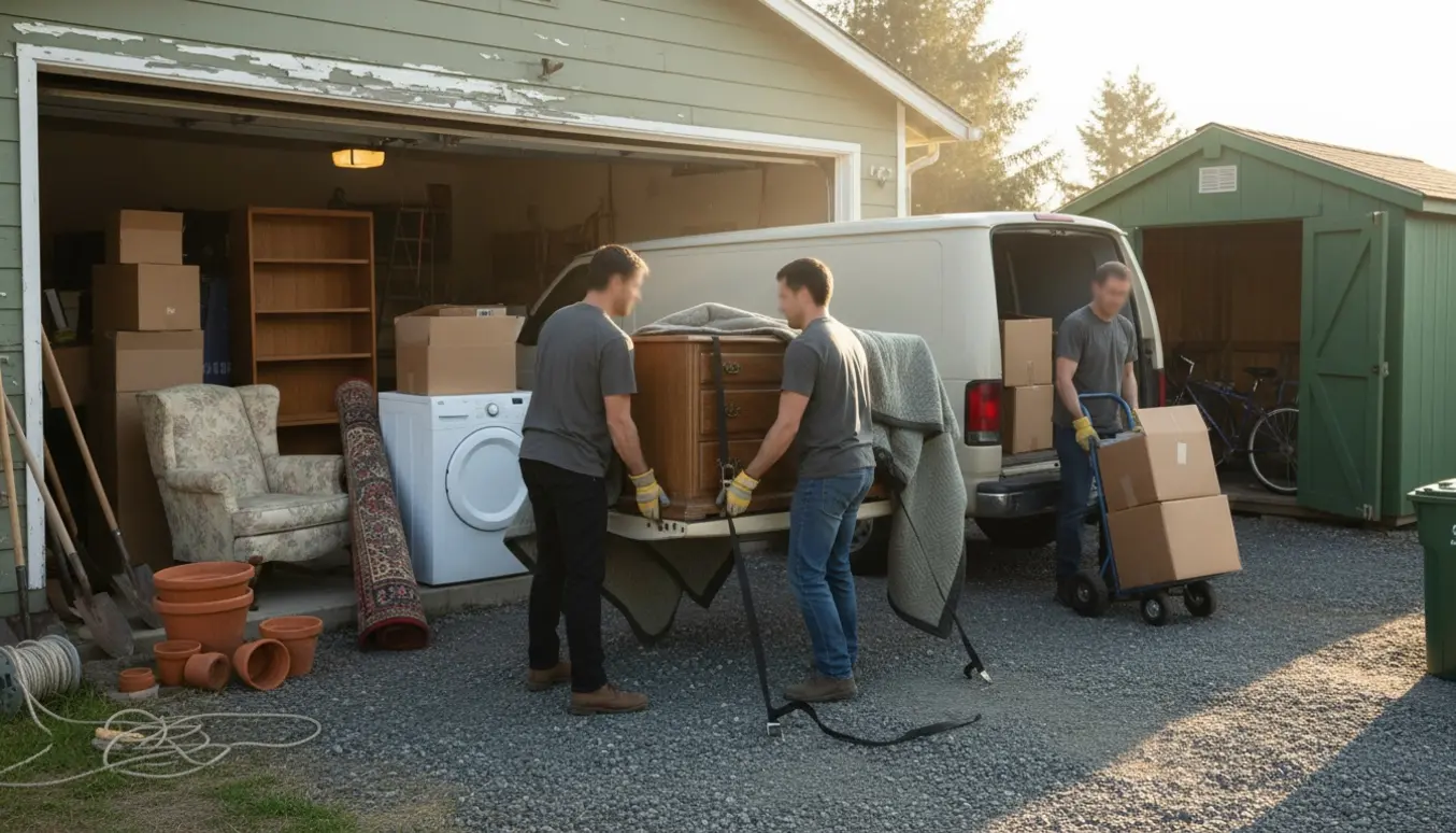 Flere personer læsser møbler og genstande fra garage og have ind i en varebil, ansigter er skjult.