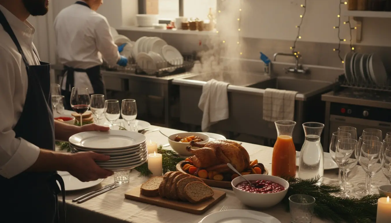 Tjenere bærer tallerkener ved en julefrokost med buffet og en travl opvaskestation i baggrunden.