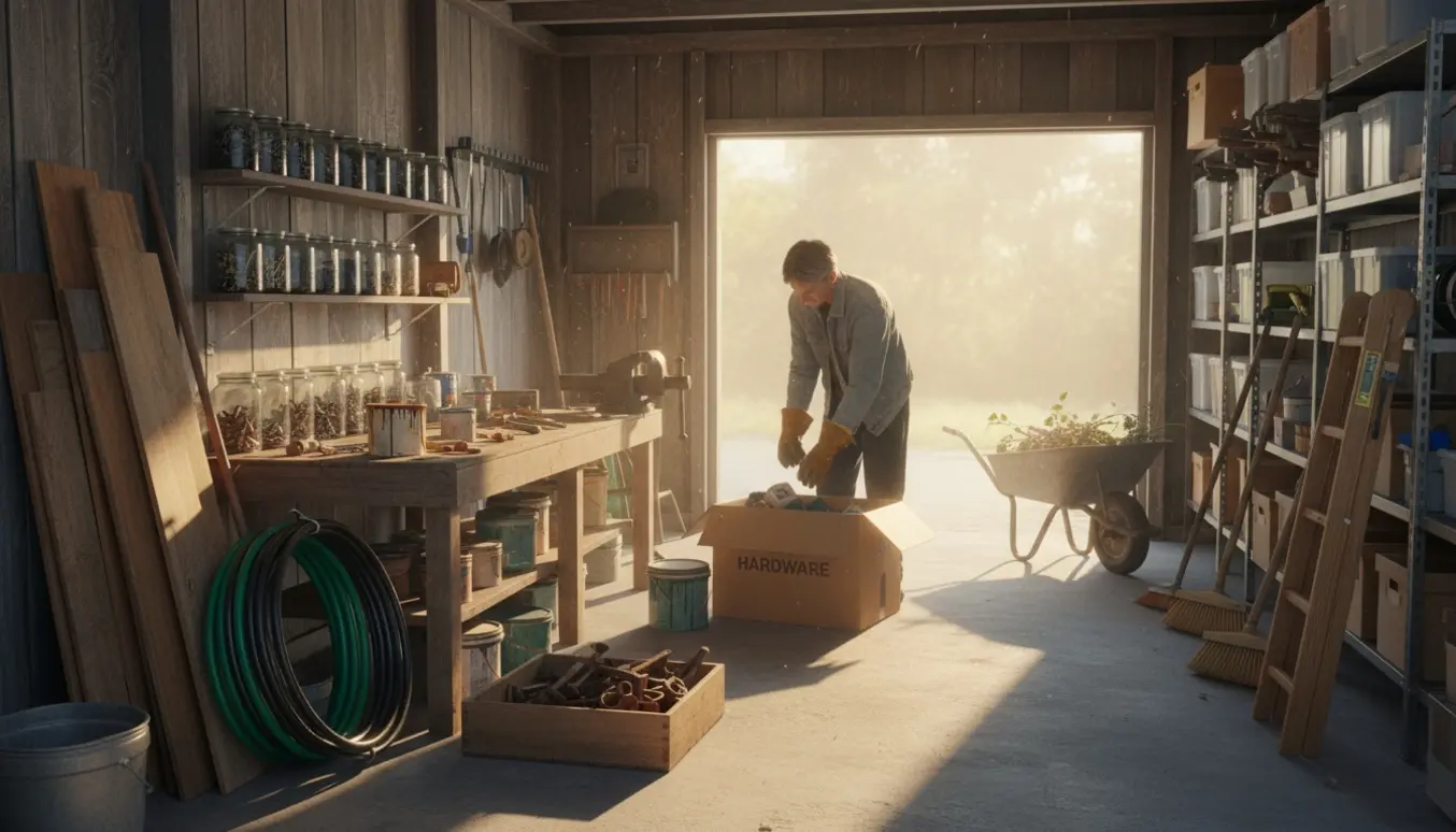 Åben sommerhusgarage hvor en person set bagfra sorterer gamle byggematerialer i solskin.