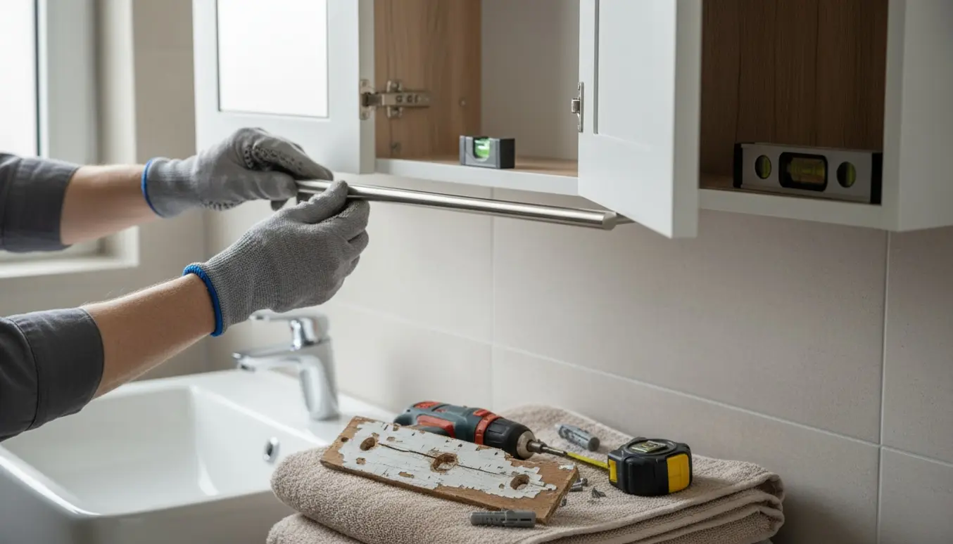 Hænder genopsætter et badeværelsesskab på flisevæggen med ny ophængslist og værktøj.
