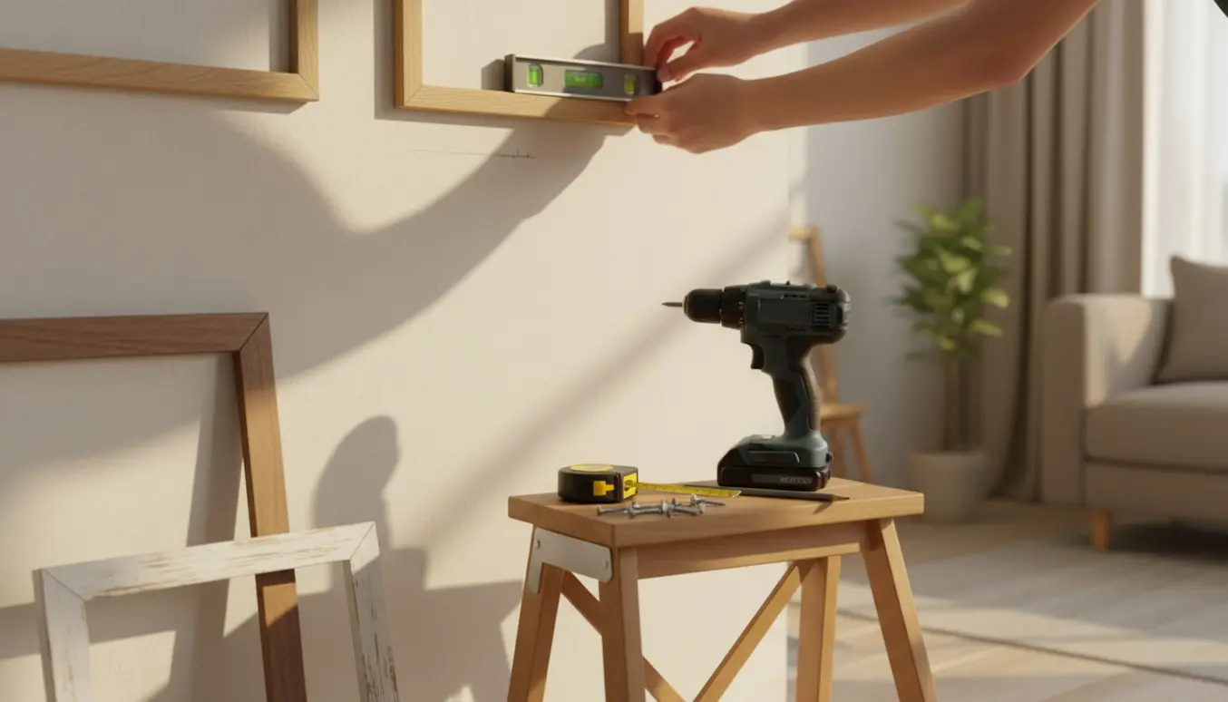 Hænder justerer en billedramme med et vaterpas, mens to andre rammer står klar ved væggen.