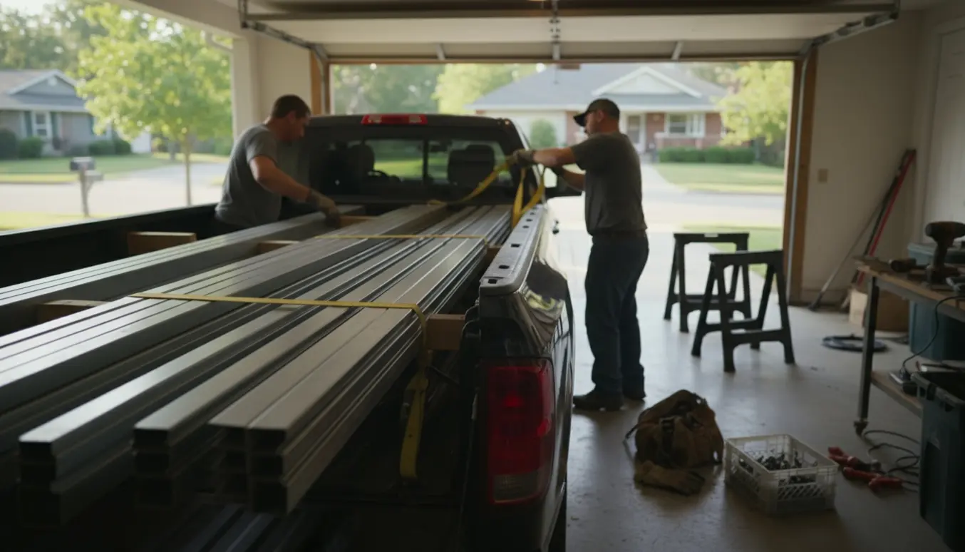 Lang garageport adskilt i lameller læsses på en pickup ved en åben garage.