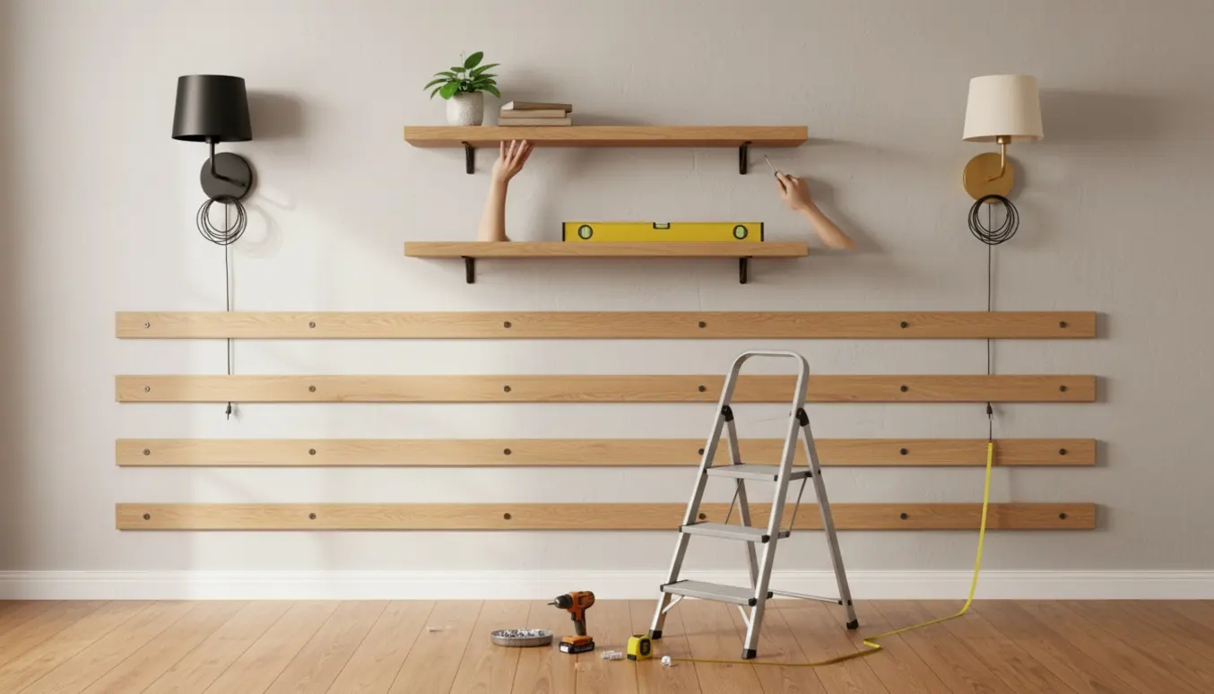 Nærbillede af en væg med tre knagerækker, to hylder under ophæng og justering, værktøj og to ikke-tilsluttede væglamper.