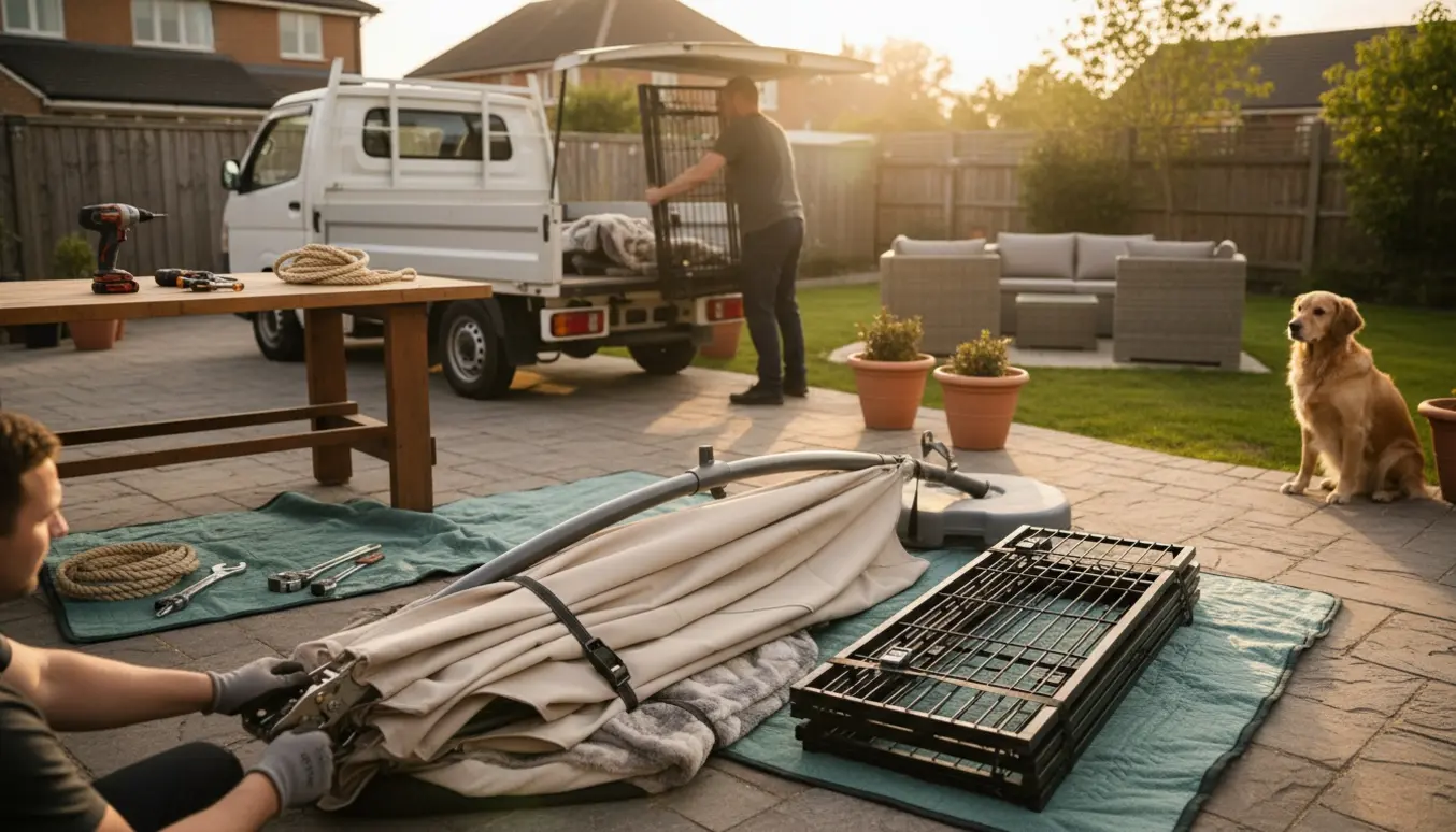 Håndværkere pakker en stor hængeparasol og hundehegn sammen og læsser det på en varevogn i en solrig have.