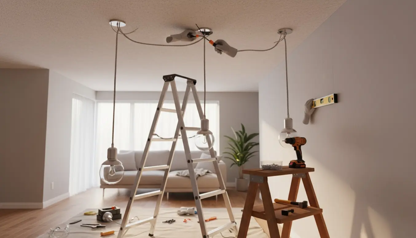 Detaljeret foto af ophængning af tre loftlamper og opsætning af et let billede på gipsvæg, med værktøj og hænder i fokus.