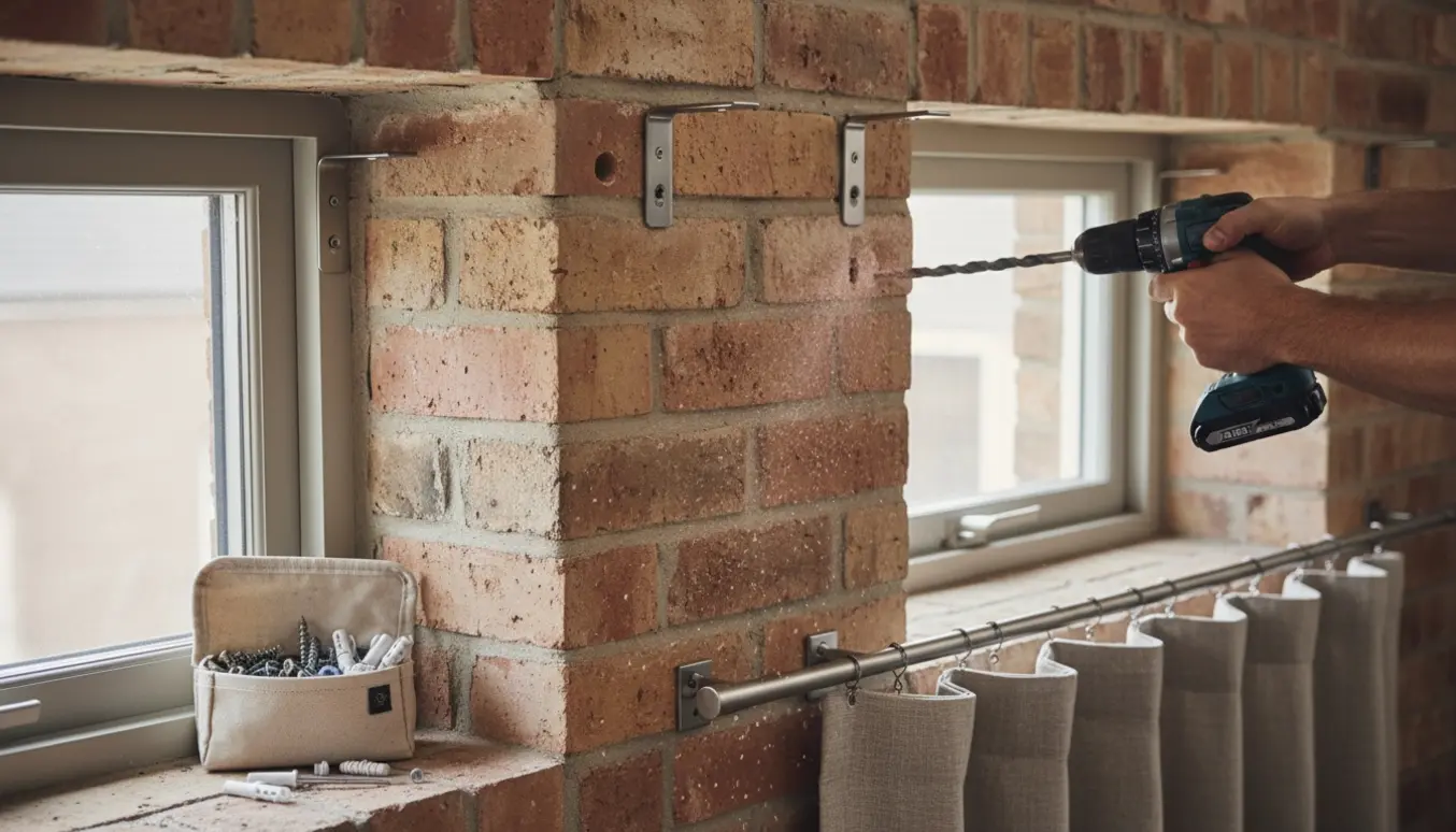 Nærbillede af hænder, der monterer gardinbeslag i en murstensvæg over to vinduer med boremaskine, skruer og rawlplugs.