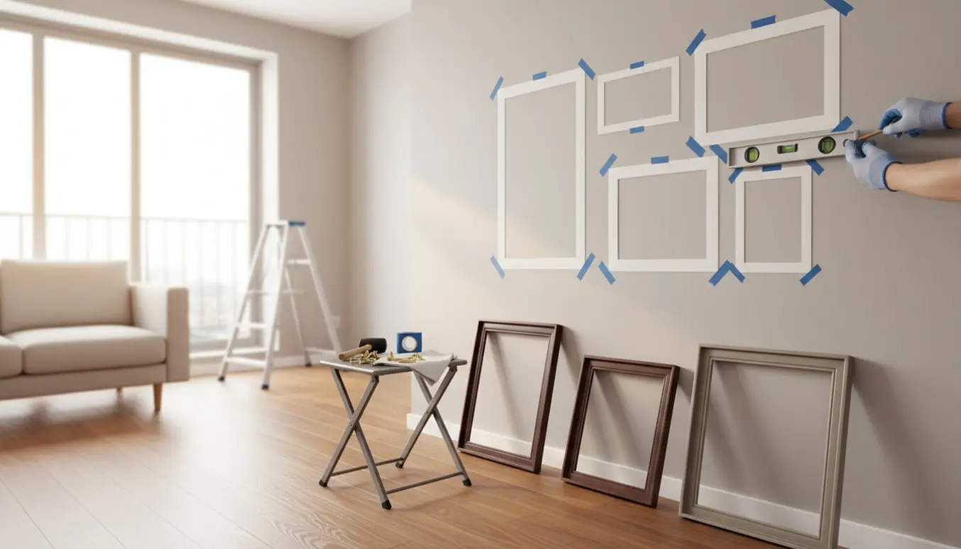 Hænder holder et vaterpas og markerer placeringer til ophængning af fem billeder i en lys ny lejlighed.