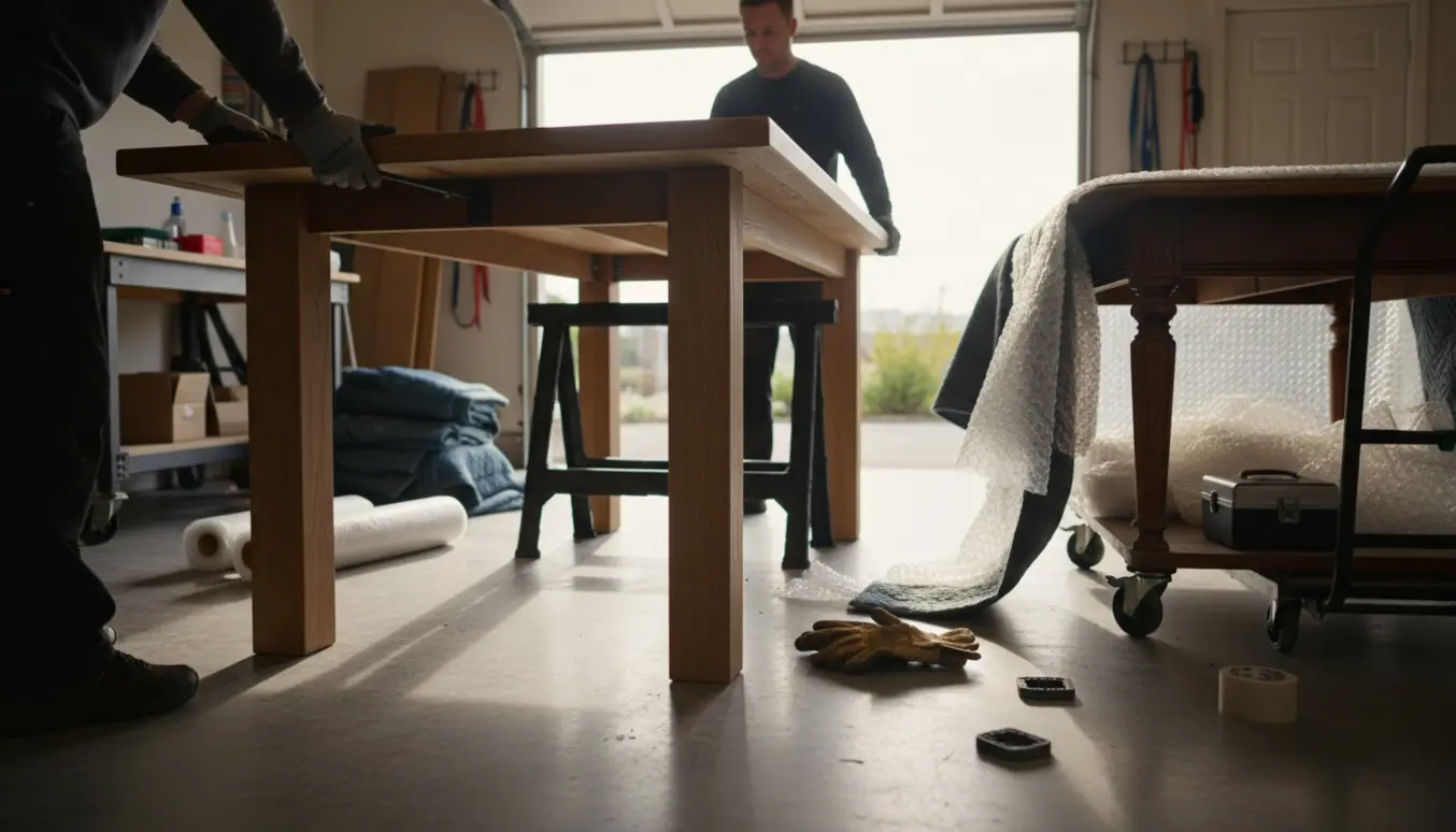 To mænd samler et tungt nyt spisebord i garagen, mens det gamle bord pakkes ned.