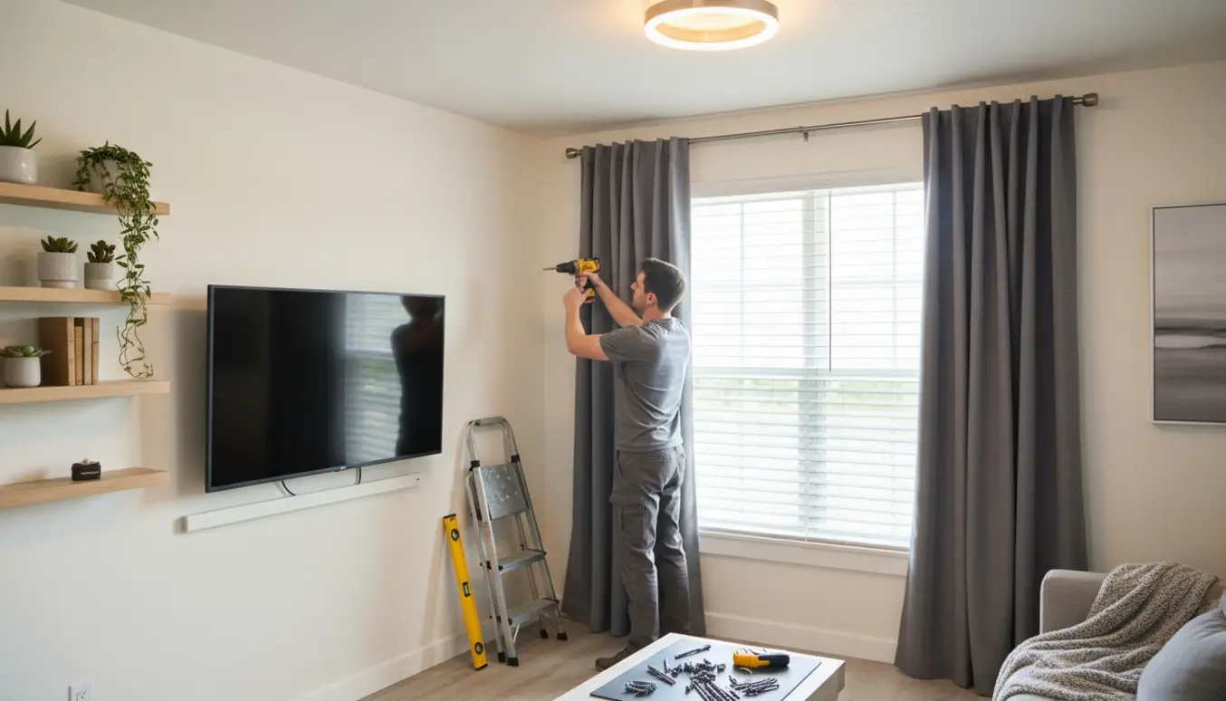 Håndværker monterer loftlampe, vægmonteret TV, små hylder, gardiner og persienner i lyst stuehjørne.