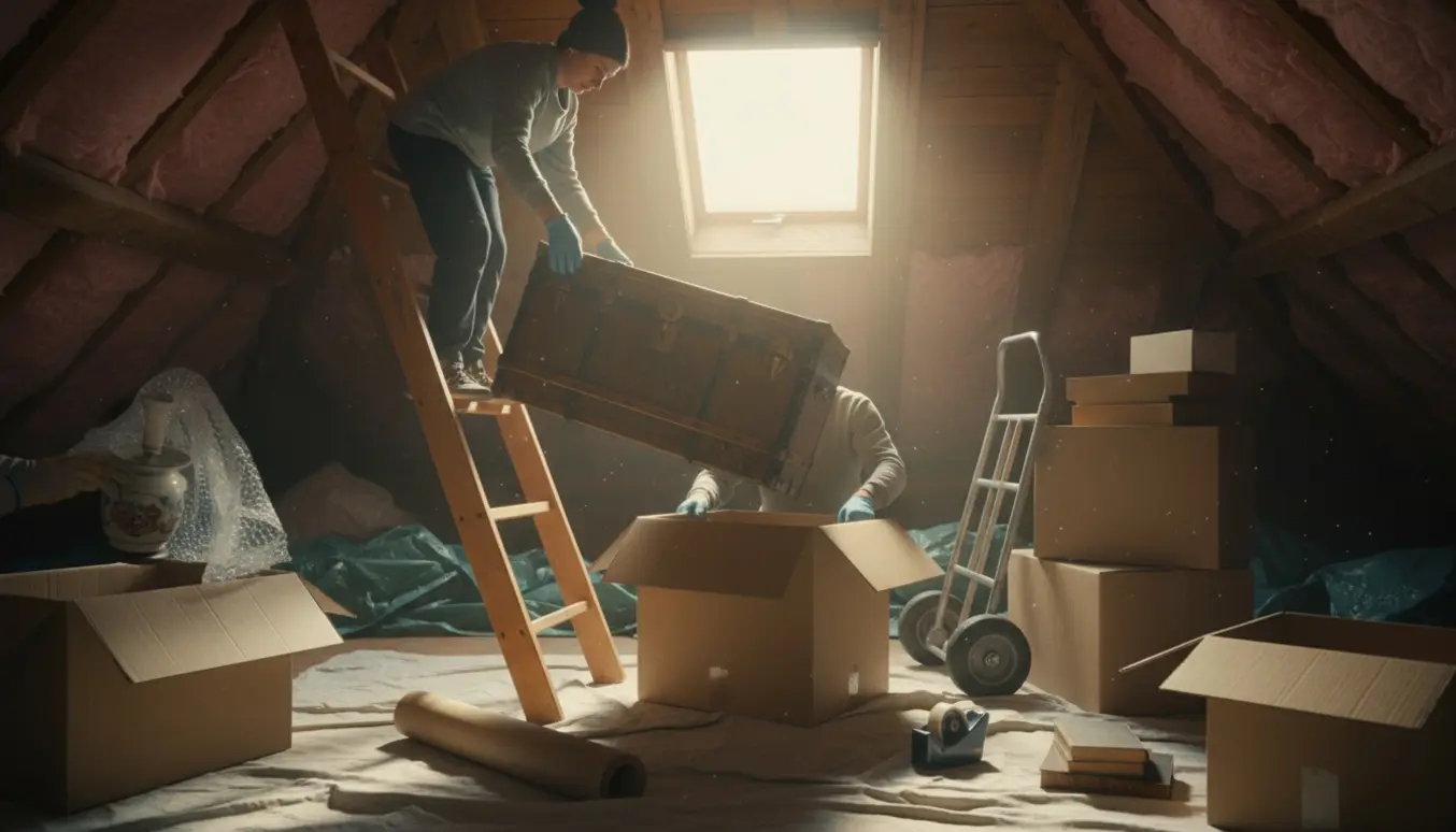 Frivillige bærer ting ned ad en loftstige, mens andre pakker dem i kasser i et solbeskinnet loft.