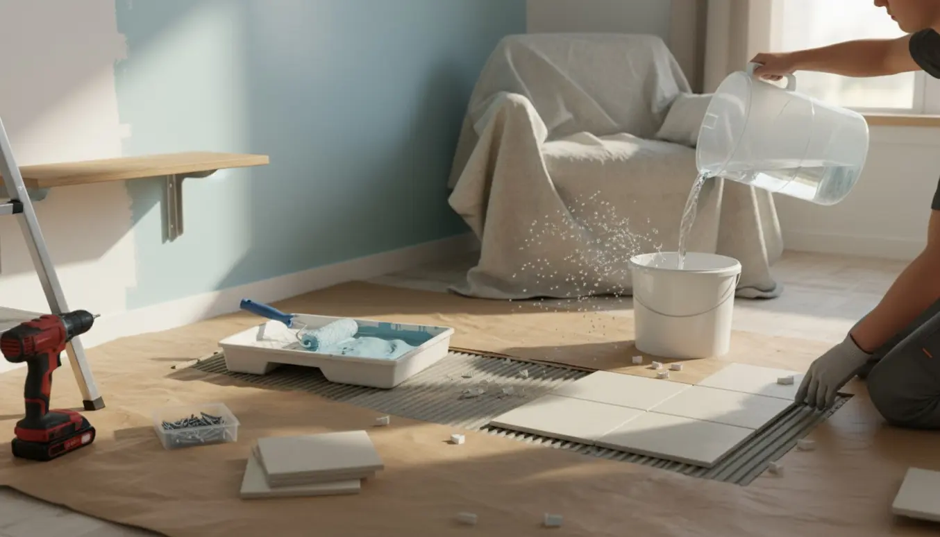 Et soloplyst hjørne i hjemmet under renovering med afdækningspap, halvmalet væg, fliser, halvmonteret hylde og en bøtte, der fyldes med vand.