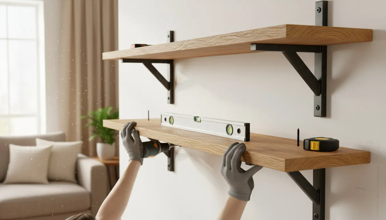 To lange egetræshylder monteres på en hvid væg med vaterpas og borehammer, kun hænder synlige.