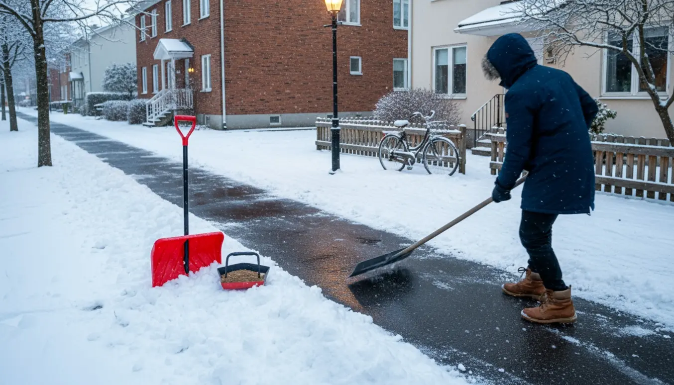 Sneklaring af fortov ved et gadehjørne med en person set bagfra, en skovl og en ryddet gang.
