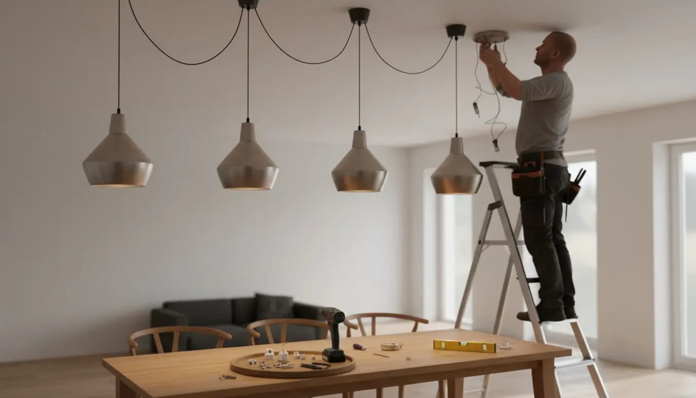 Installering af seks loftlamper i en moderne stue med værktøj og skruer synlige.