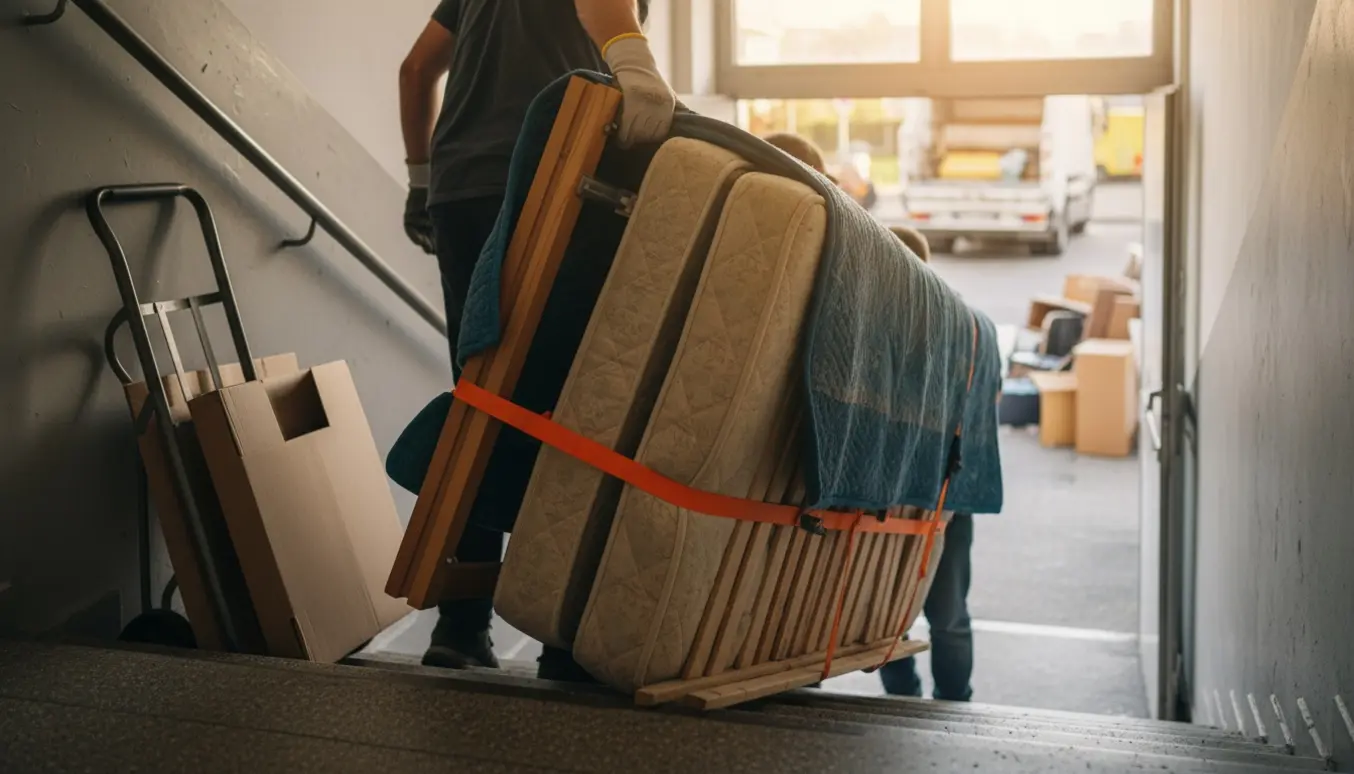 To personer bærer en seng ned ad trappen mod storskraldsområdet.