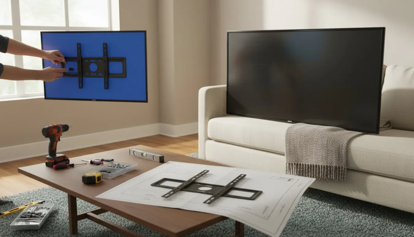 Hænder fjerner et gammelt 32 tommer tv fra væggen, mens et nyt 43 tommer tv og værktøj ligger klar i stuen.