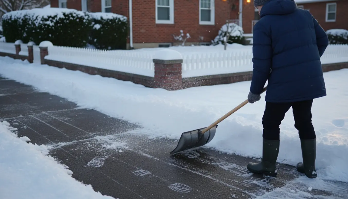 En person skovler sne væk fra et fortov ved en hjørnegrund med en sneskovl.