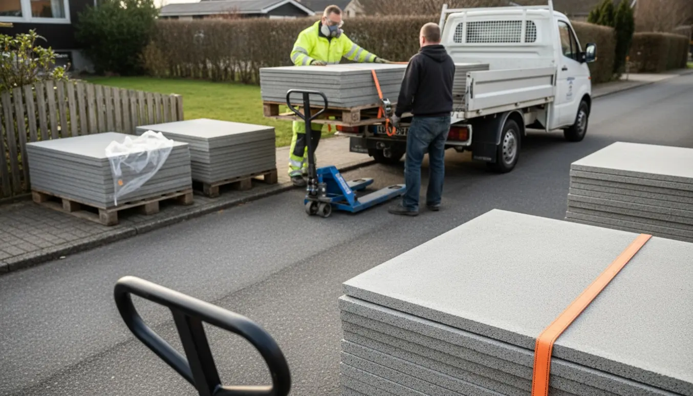 En lastbil laster paller med eternitplader ved kantstenen, mens flere paller står i baghaven.