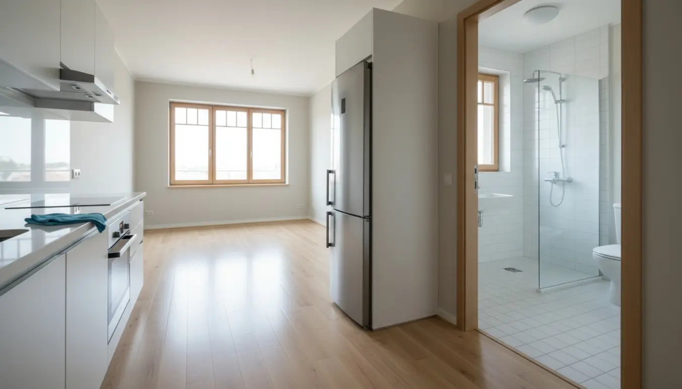 Ryddet og nyvasket 60 m² lejlighed med skinnende vinduer, nypudsede gulve og et rent badeværelse.